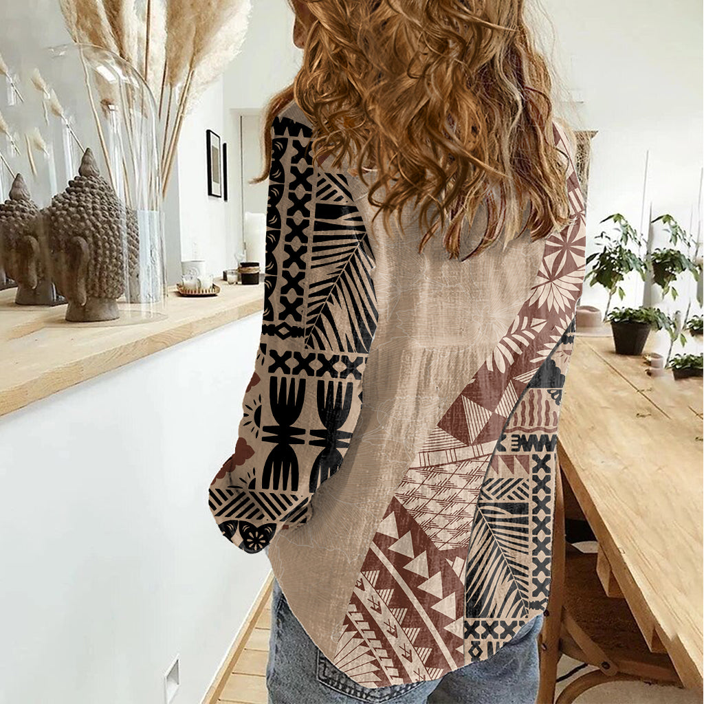 Bula Fiji Women Casual Shirt Tribal Masi Tapa - Beige - Wonder Print Shop