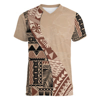Bula Fiji Women V Neck T Shirt Tribal Masi Tapa - Beige - Wonder Print Shop