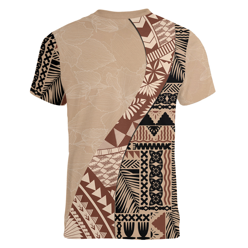 Bula Fiji Women V Neck T Shirt Tribal Masi Tapa - Beige - Wonder Print Shop
