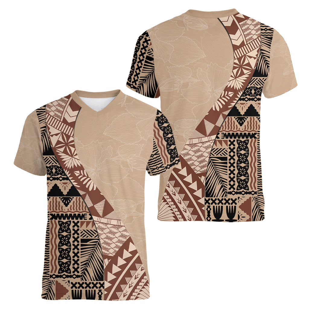 Bula Fiji Women V Neck T Shirt Tribal Masi Tapa - Beige - Wonder Print Shop
