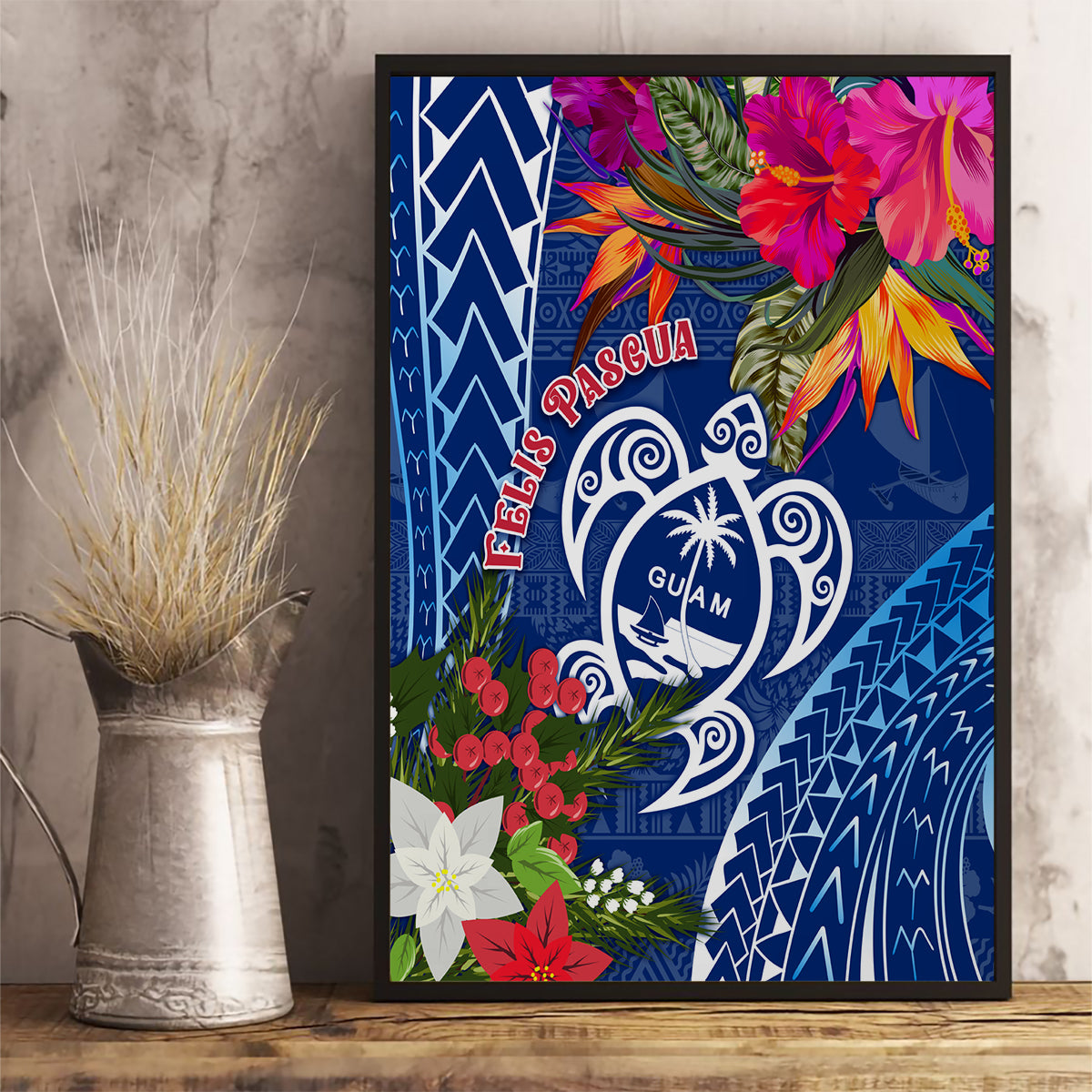 Guam Christmas Canvas Wall Art Turtle Mix Tapa Felis Pasgua LT7 - Wonder Print Shop