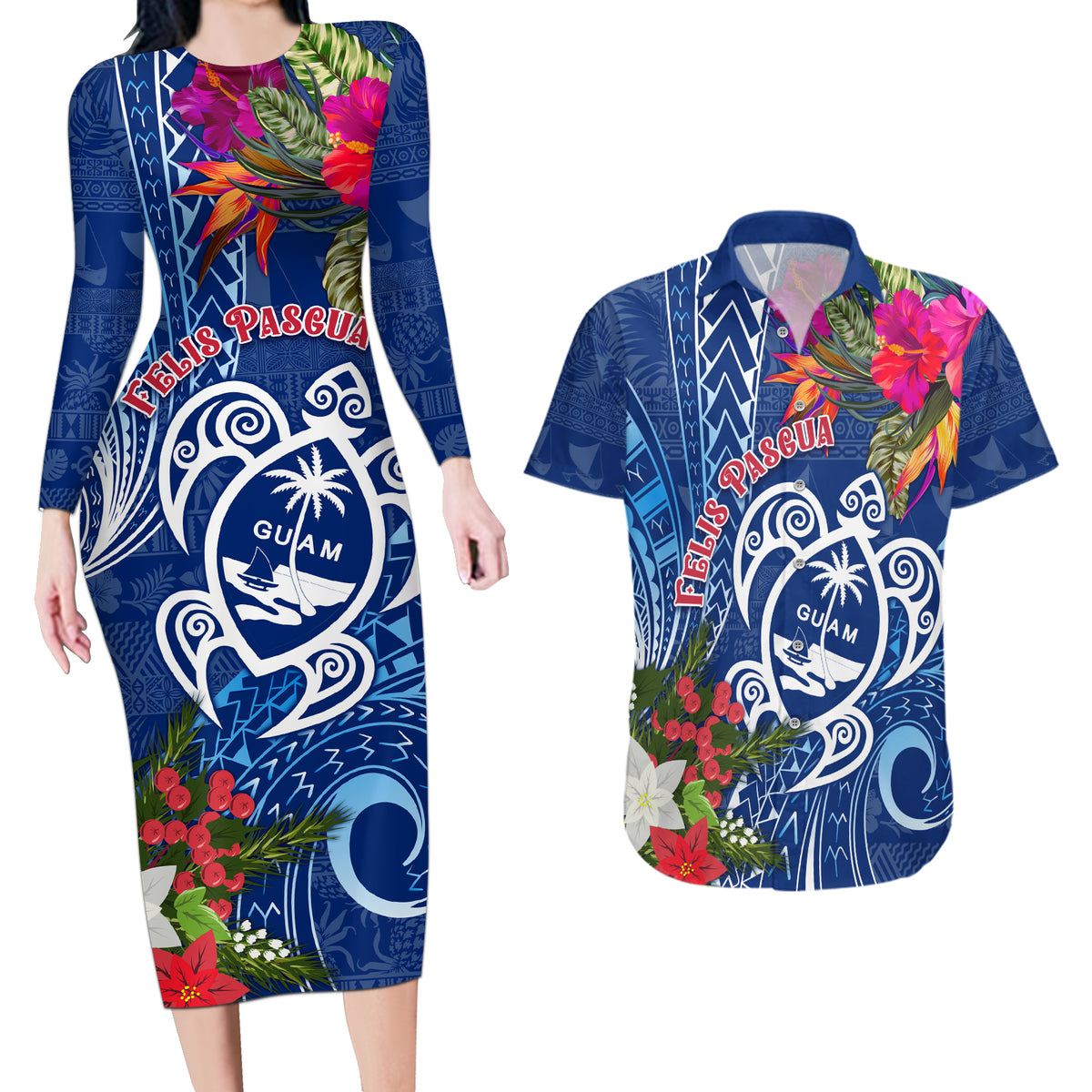 Guam Christmas Couples Matching Long Sleeve Bodycon Dress and Hawaiian Shirt Turtle Mix Tapa Felis Pasgua LT7 - Wonder Print Shop