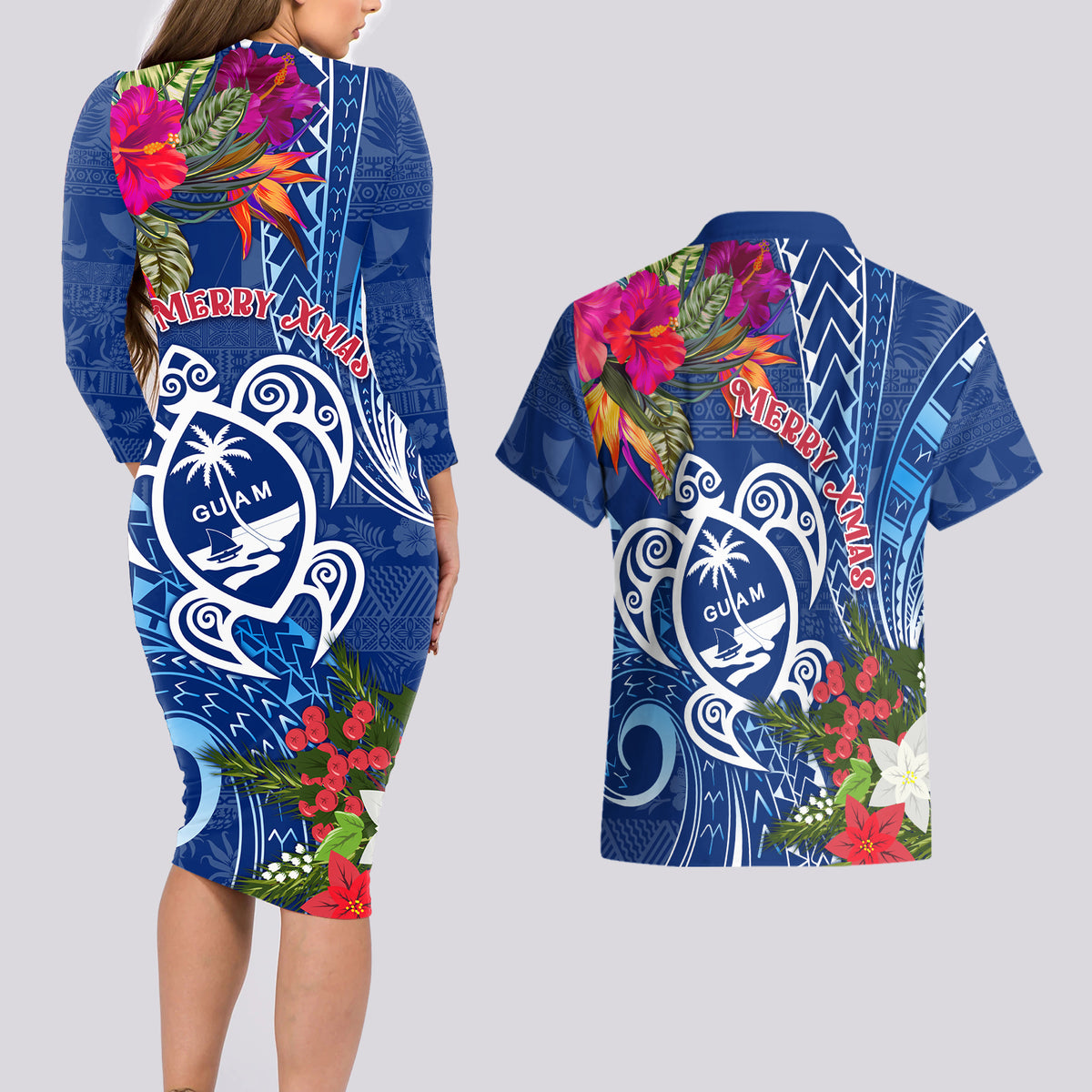 Guam Christmas Couples Matching Long Sleeve Bodycon Dress and Hawaiian Shirt Turtle Mix Tapa Felis Pasgua LT7 - Wonder Print Shop
