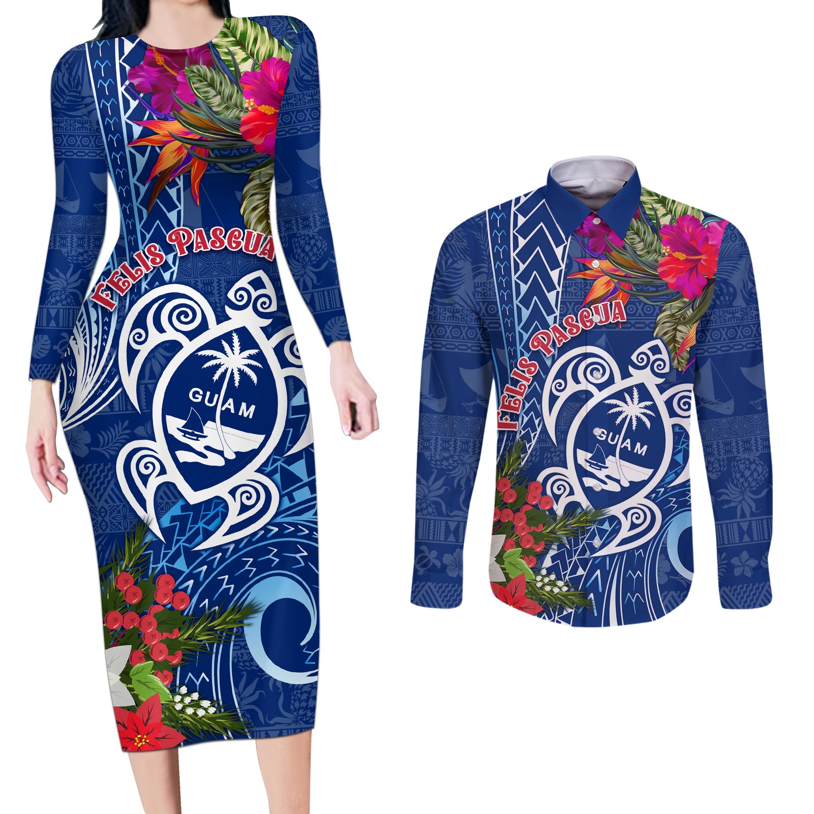 Guam Christmas Couples Matching Long Sleeve Bodycon Dress and Long Sleeve Button Shirt Turtle Mix Tapa Felis Pasgua LT7 - Wonder Print Shop