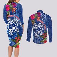 Guam Christmas Couples Matching Long Sleeve Bodycon Dress and Long Sleeve Button Shirt Turtle Mix Tapa Felis Pasgua LT7 - Wonder Print Shop