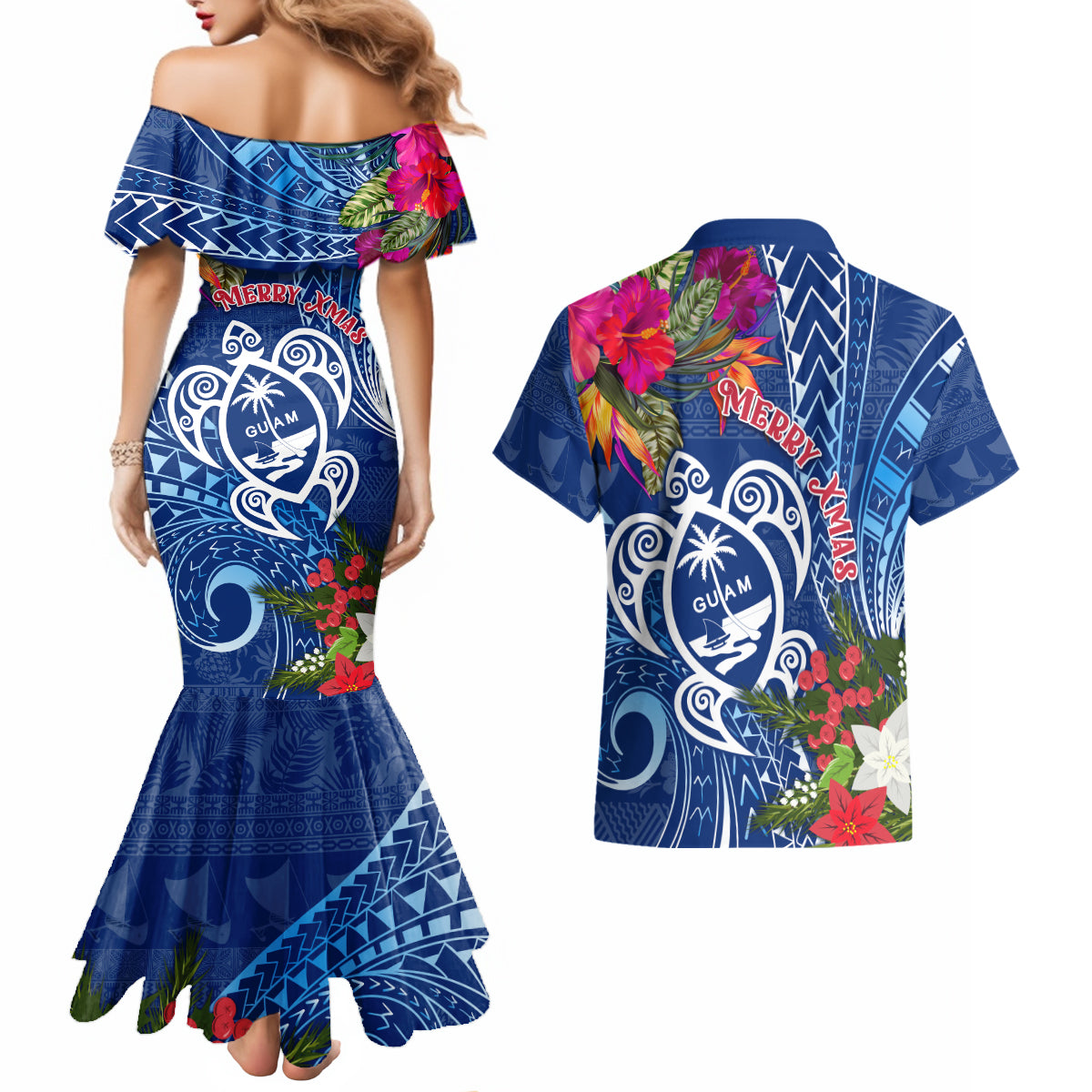 Guam Christmas Couples Matching Mermaid Dress and Hawaiian Shirt Turtle Mix Tapa Felis Pasgua LT7 - Wonder Print Shop