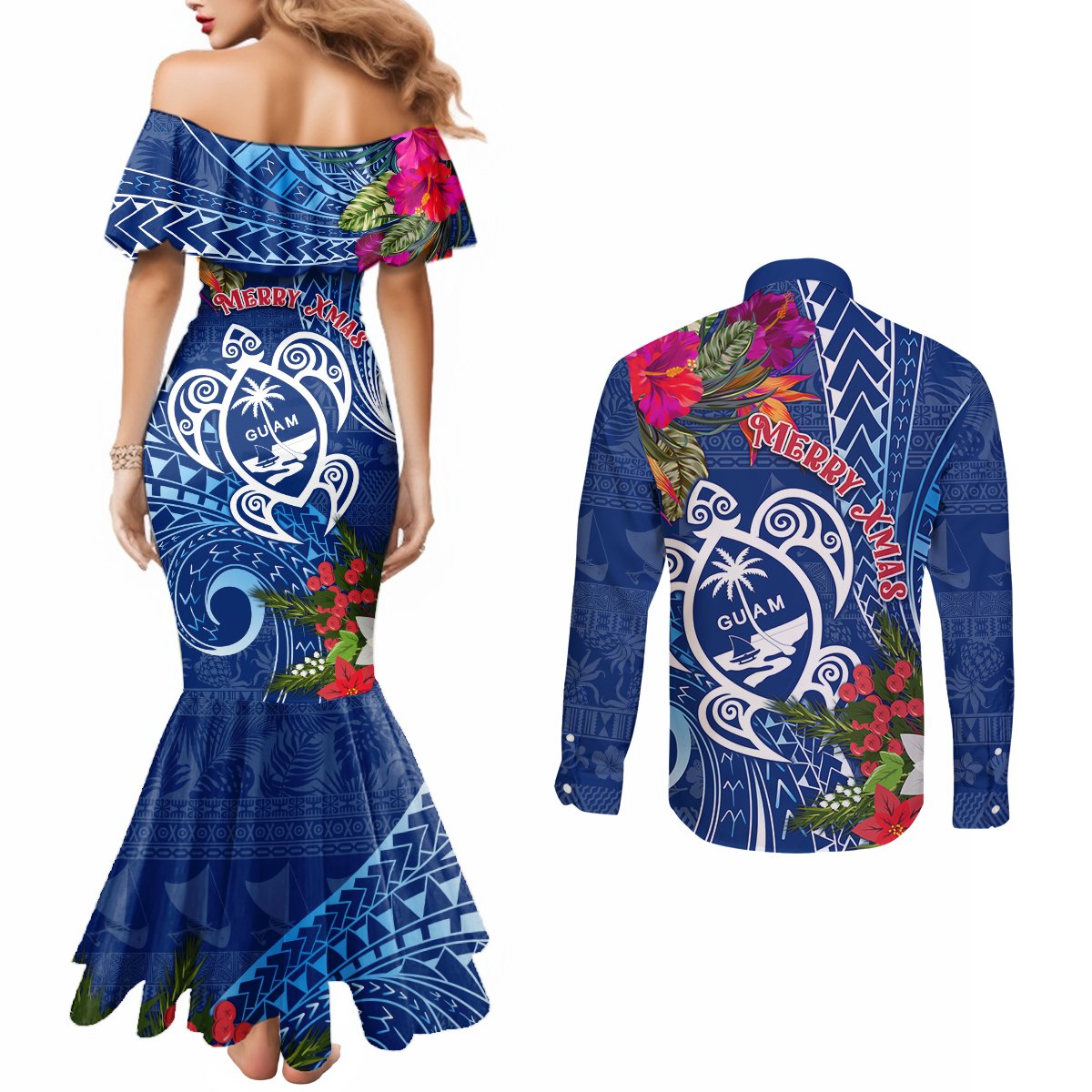 guam-christmas-couples-matching-mermaid-dress-and-long-sleeve-button-shirt-turtle-mix-tapa-felis-pasgua