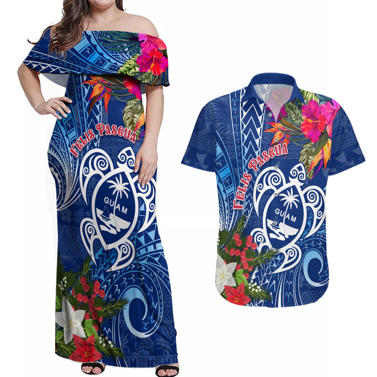 Guam Christmas Couples Matching Off Shoulder Maxi Dress and Hawaiian Shirt Turtle Mix Tapa Felis Pasgua LT7 - Wonder Print Shop