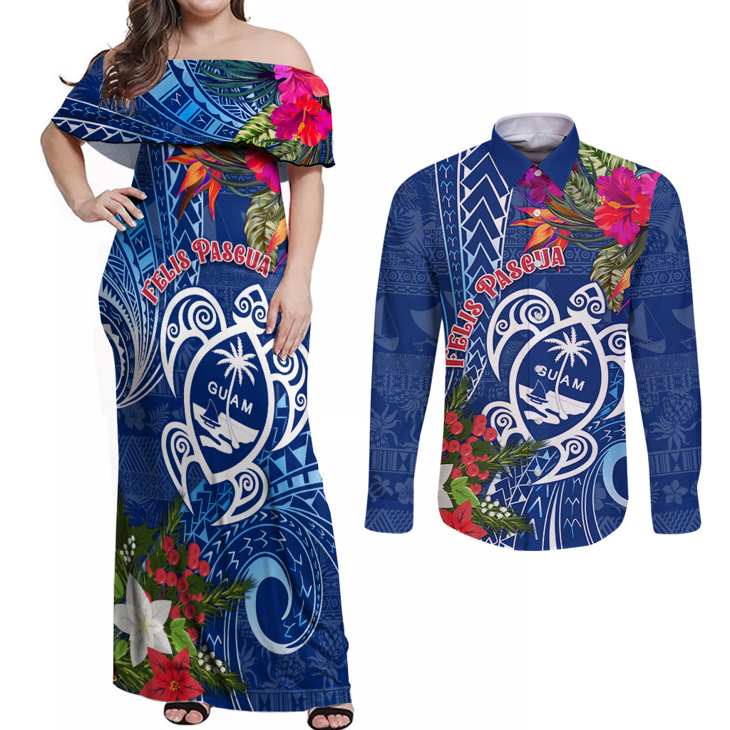 Guam Christmas Couples Matching Off Shoulder Maxi Dress and Long Sleeve Button Shirt Turtle Mix Tapa Felis Pasgua LT7 - Wonder Print Shop