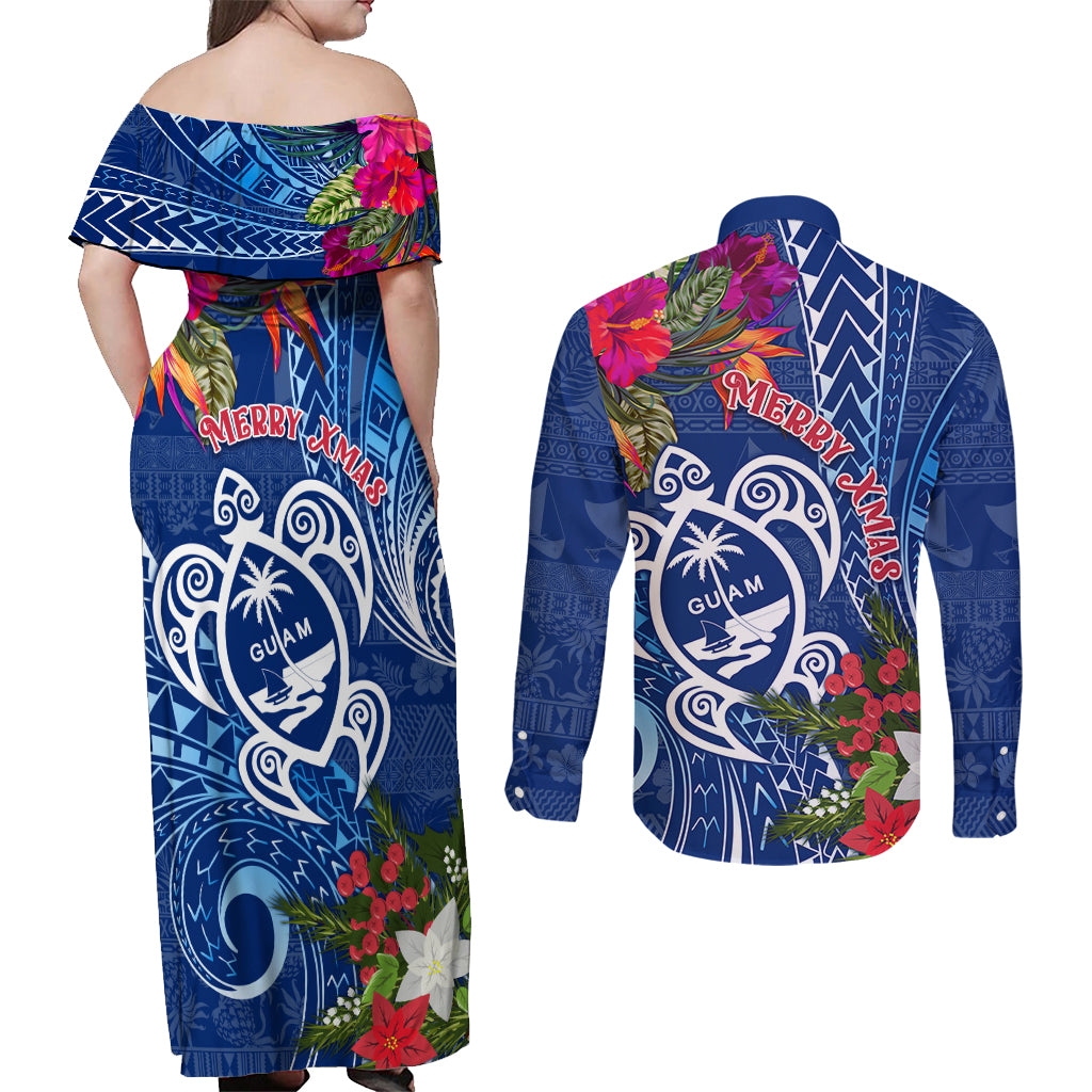 Guam Christmas Couples Matching Off Shoulder Maxi Dress and Long Sleeve Button Shirt Turtle Mix Tapa Felis Pasgua LT7 - Wonder Print Shop