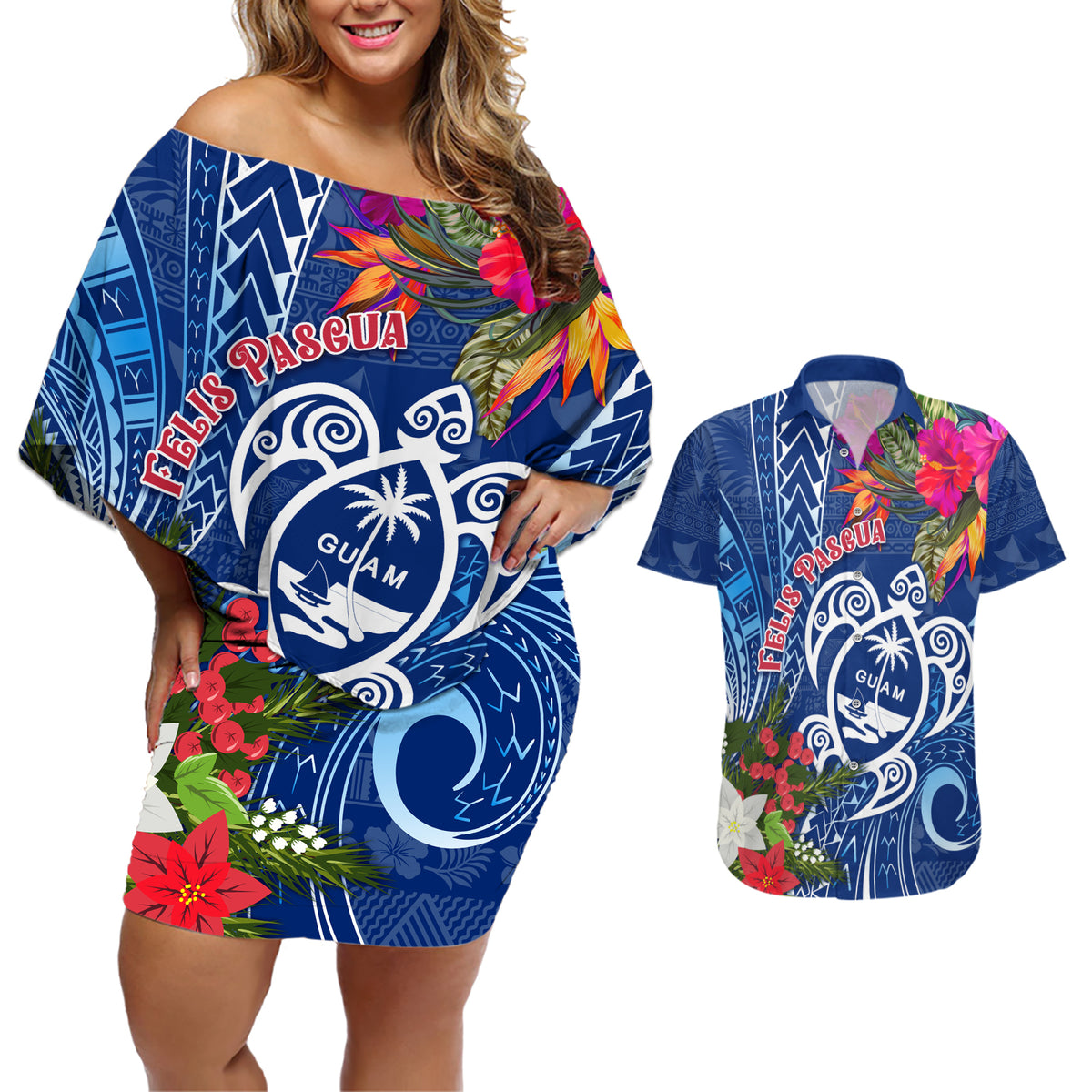 Guam Christmas Couples Matching Off Shoulder Short Dress and Hawaiian Shirt Turtle Mix Tapa Felis Pasgua LT7 - Wonder Print Shop
