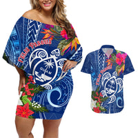 Guam Christmas Couples Matching Off Shoulder Short Dress and Hawaiian Shirt Turtle Mix Tapa Felis Pasgua LT7 - Wonder Print Shop