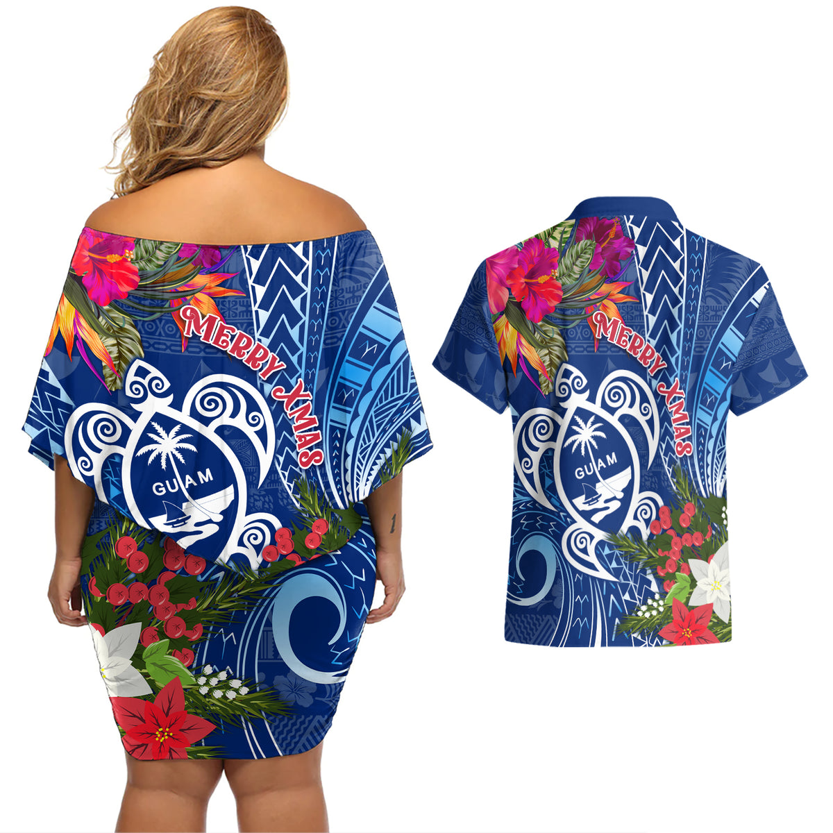 Guam Christmas Couples Matching Off Shoulder Short Dress and Hawaiian Shirt Turtle Mix Tapa Felis Pasgua LT7 - Wonder Print Shop