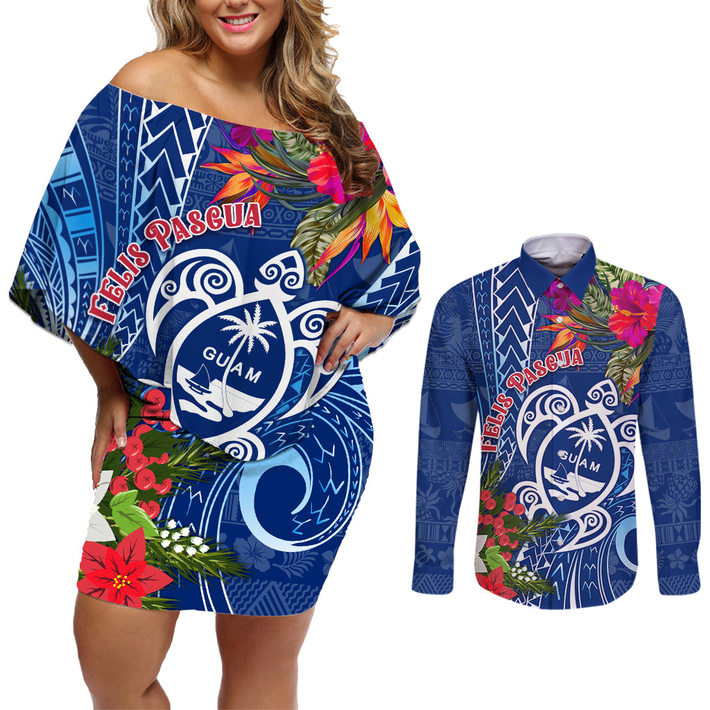 Guam Christmas Couples Matching Off Shoulder Short Dress and Long Sleeve Button Shirt Turtle Mix Tapa Felis Pasgua LT7 - Wonder Print Shop