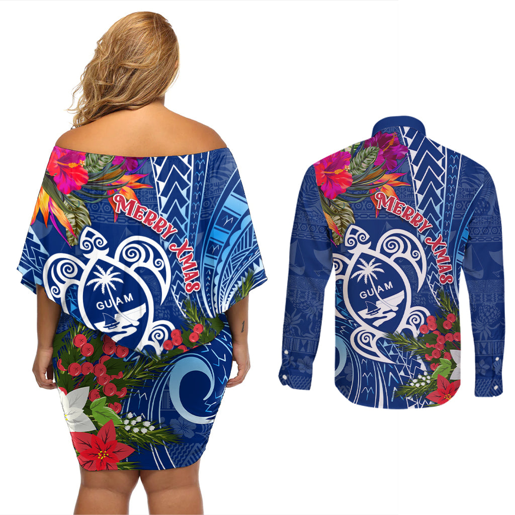 Guam Christmas Couples Matching Off Shoulder Short Dress and Long Sleeve Button Shirt Turtle Mix Tapa Felis Pasgua LT7 - Wonder Print Shop