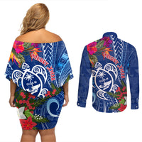 Guam Christmas Couples Matching Off Shoulder Short Dress and Long Sleeve Button Shirt Turtle Mix Tapa Felis Pasgua LT7 - Wonder Print Shop