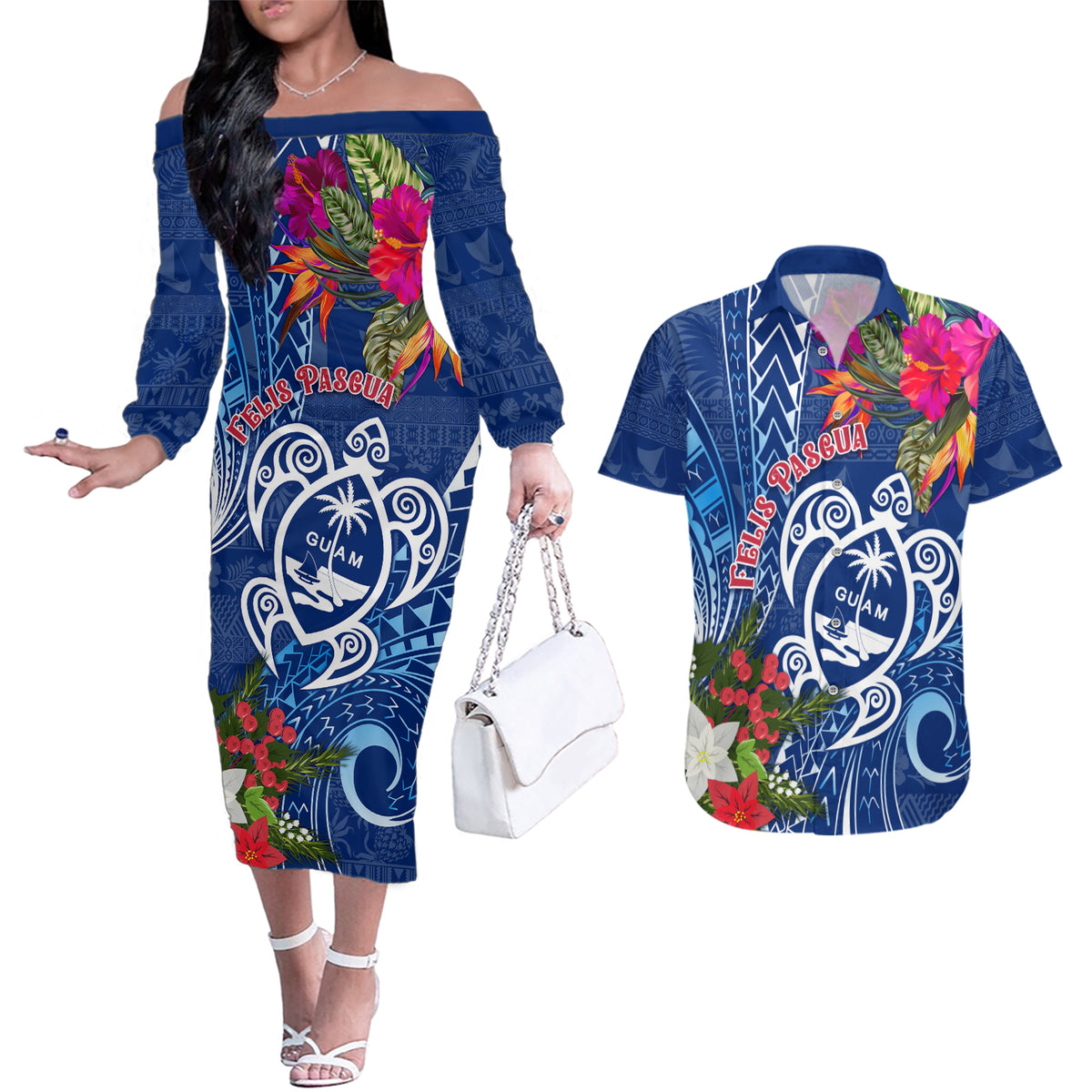 Guam Christmas Couples Matching Off The Shoulder Long Sleeve Dress and Hawaiian Shirt Turtle Mix Tapa Felis Pasgua LT7 - Wonder Print Shop