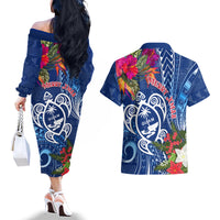 Guam Christmas Couples Matching Off The Shoulder Long Sleeve Dress and Hawaiian Shirt Turtle Mix Tapa Felis Pasgua LT7 - Wonder Print Shop