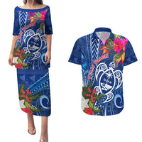 Guam Christmas Couples Matching Puletasi Dress and Hawaiian Shirt Turtle Mix Tapa Felis Pasgua LT7 - Wonder Print Shop