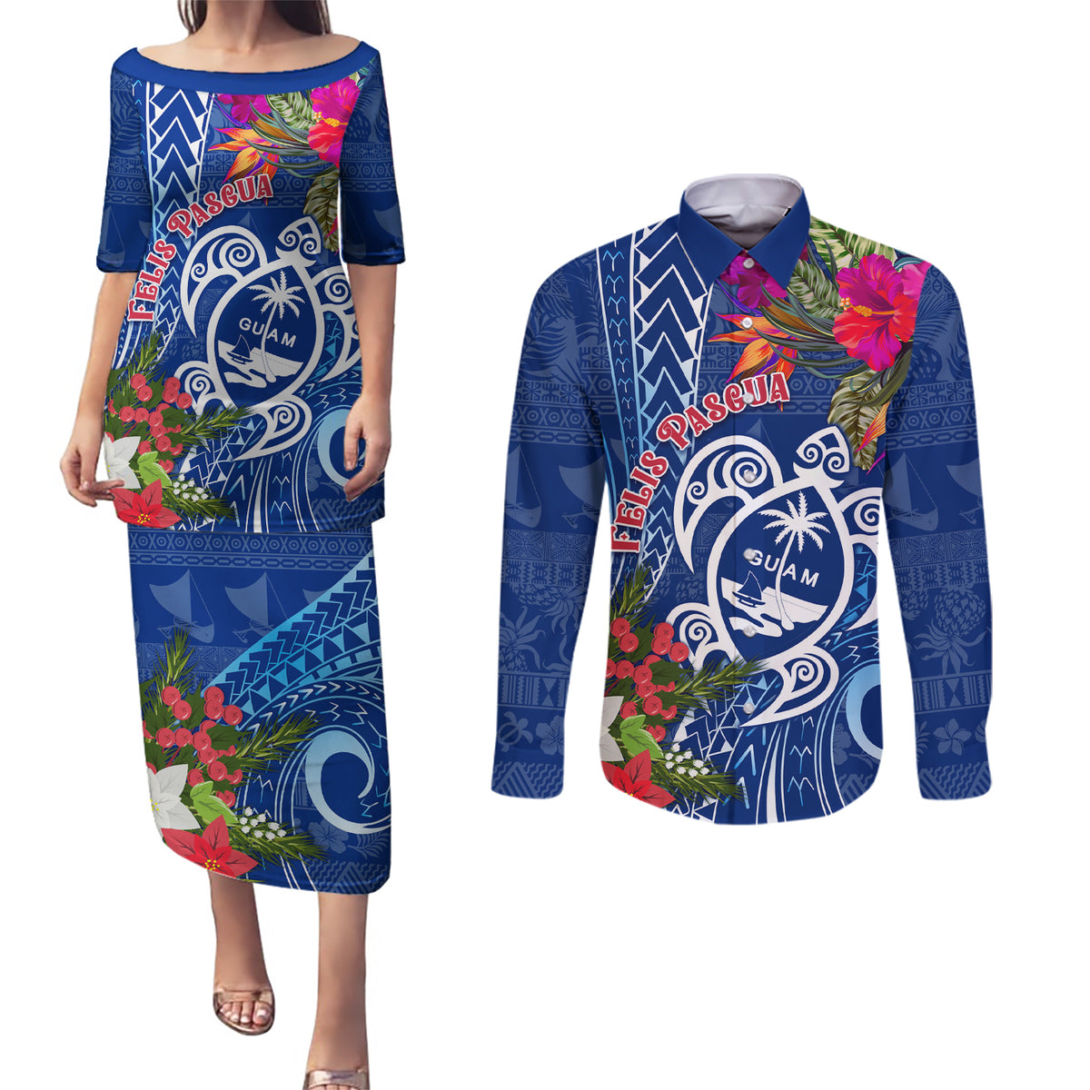 Guam Christmas Couples Matching Puletasi Dress and Long Sleeve Button Shirt Turtle Mix Tapa Felis Pasgua LT7 - Wonder Print Shop