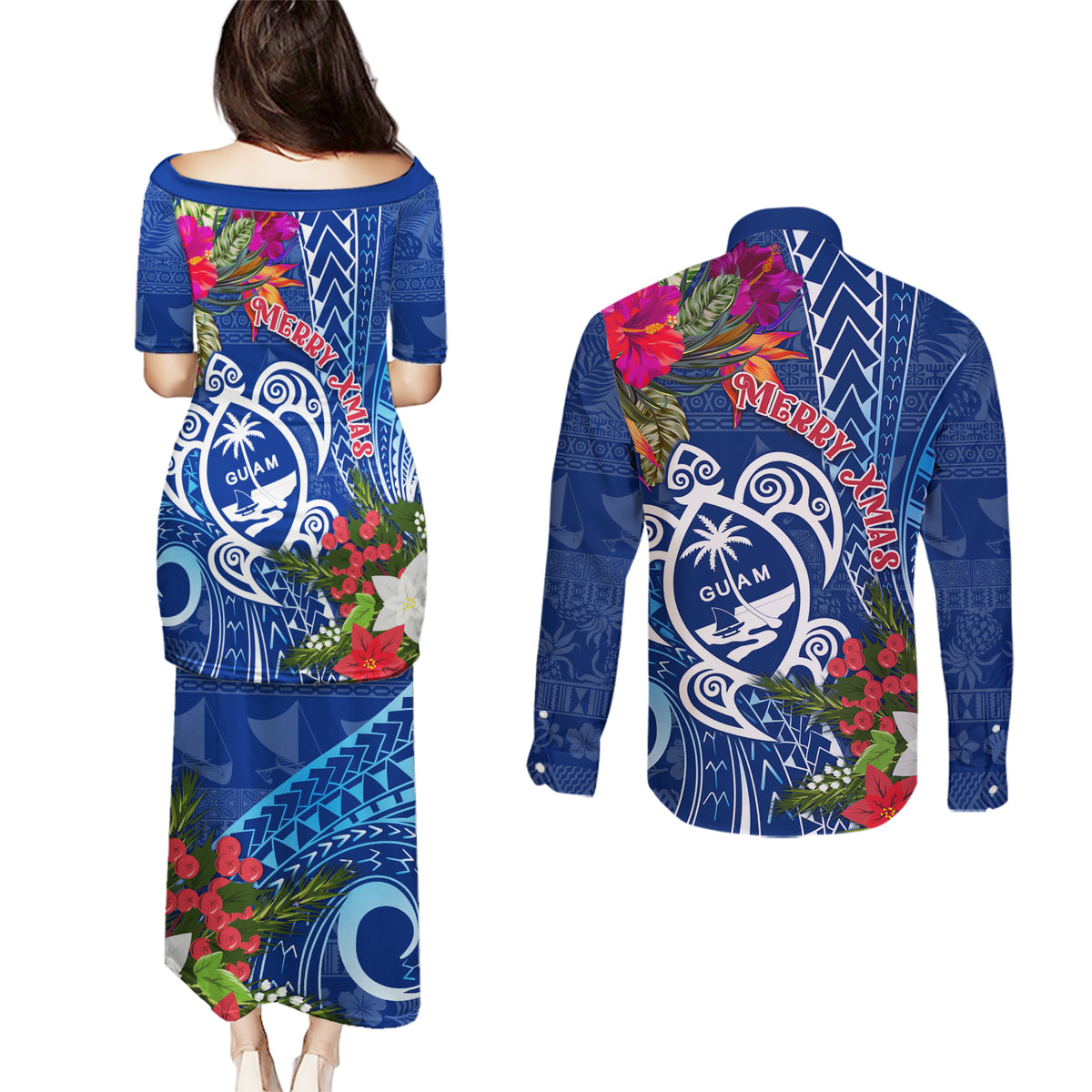 Guam Christmas Couples Matching Puletasi Dress and Long Sleeve Button Shirt Turtle Mix Tapa Felis Pasgua LT7 - Wonder Print Shop