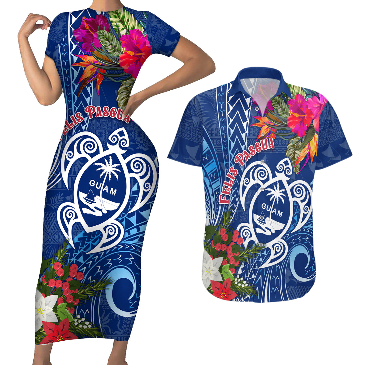 Guam Christmas Couples Matching Short Sleeve Bodycon Dress and Hawaiian Shirt Turtle Mix Tapa Felis Pasgua LT7 - Wonder Print Shop