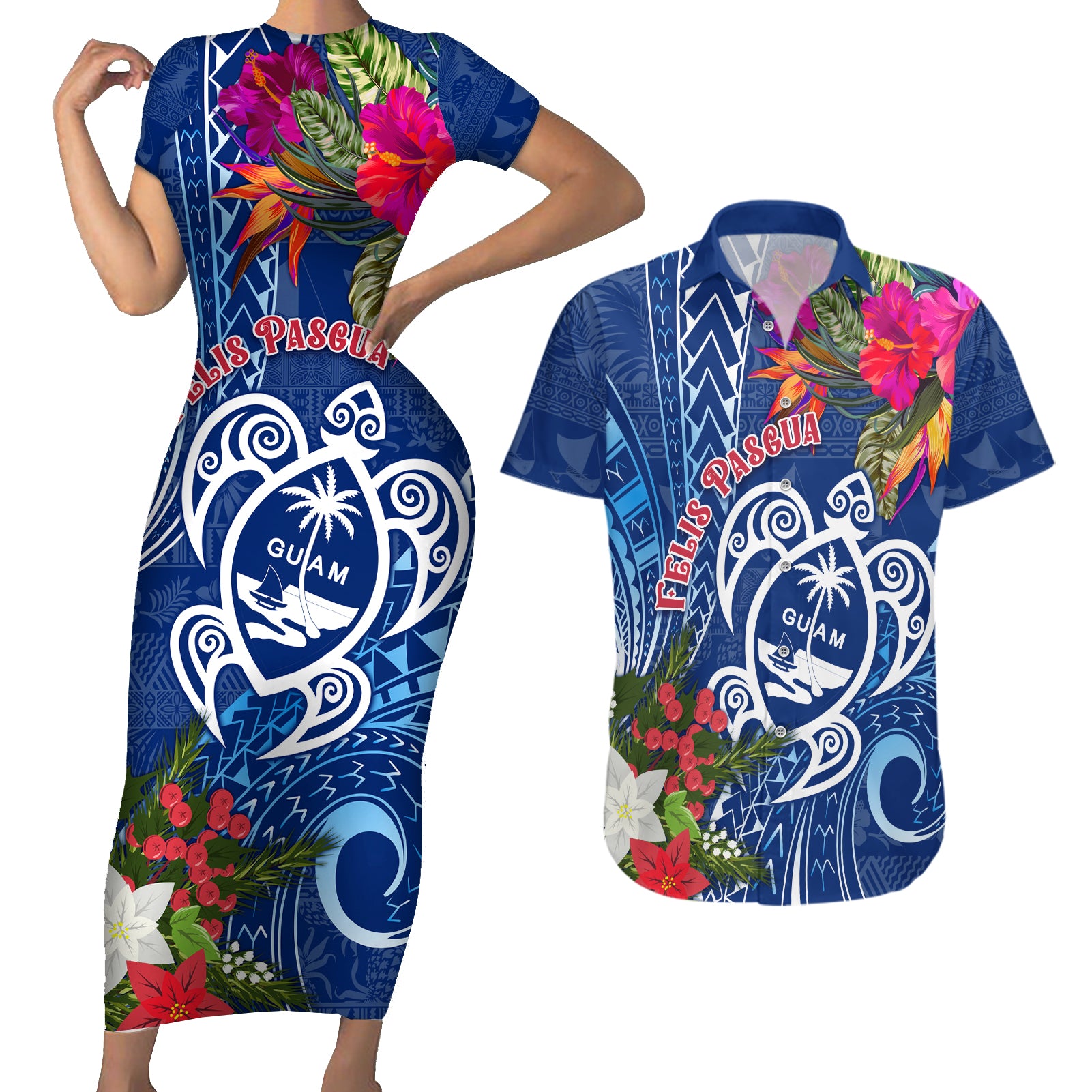 Guam Christmas Couples Matching Short Sleeve Bodycon Dress and Hawaiian Shirt Turtle Mix Tapa Felis Pasgua LT7 - Wonder Print Shop
