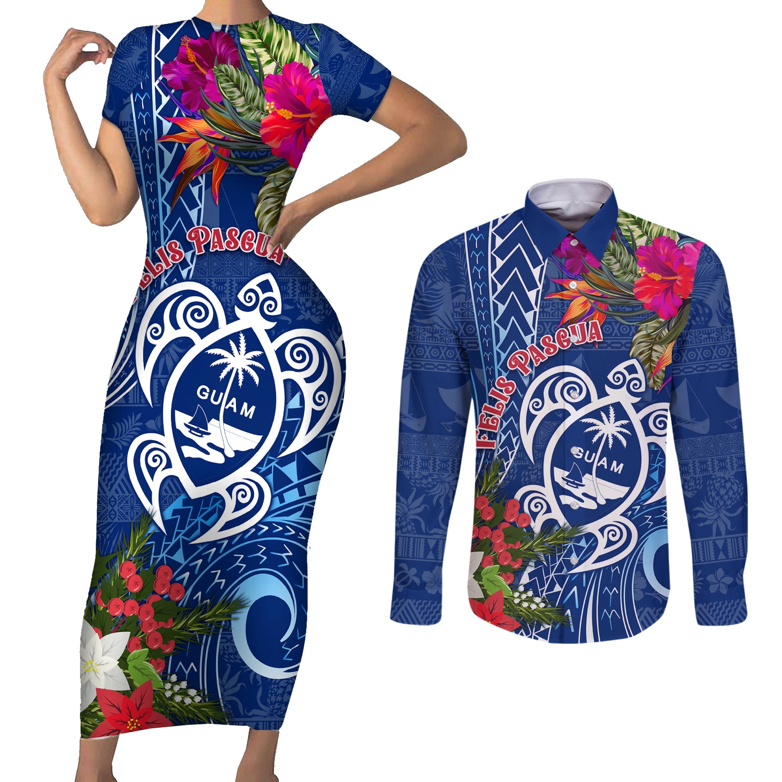 Guam Christmas Couples Matching Short Sleeve Bodycon Dress and Long Sleeve Button Shirt Turtle Mix Tapa Felis Pasgua LT7 - Wonder Print Shop