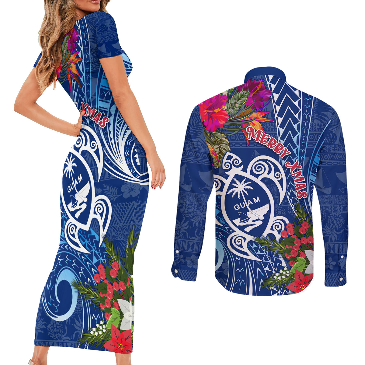 Guam Christmas Couples Matching Short Sleeve Bodycon Dress and Long Sleeve Button Shirt Turtle Mix Tapa Felis Pasgua LT7 - Wonder Print Shop