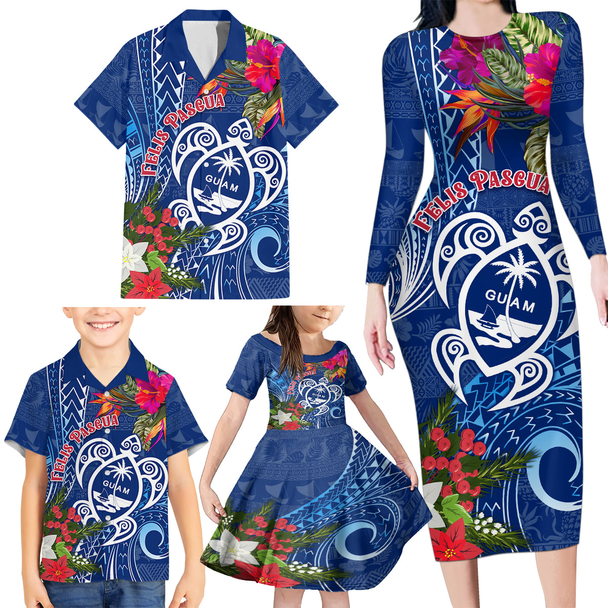 Guam Christmas Family Matching Long Sleeve Bodycon Dress and Hawaiian Shirt Turtle Mix Tapa Felis Pasgua LT7 - Wonder Print Shop