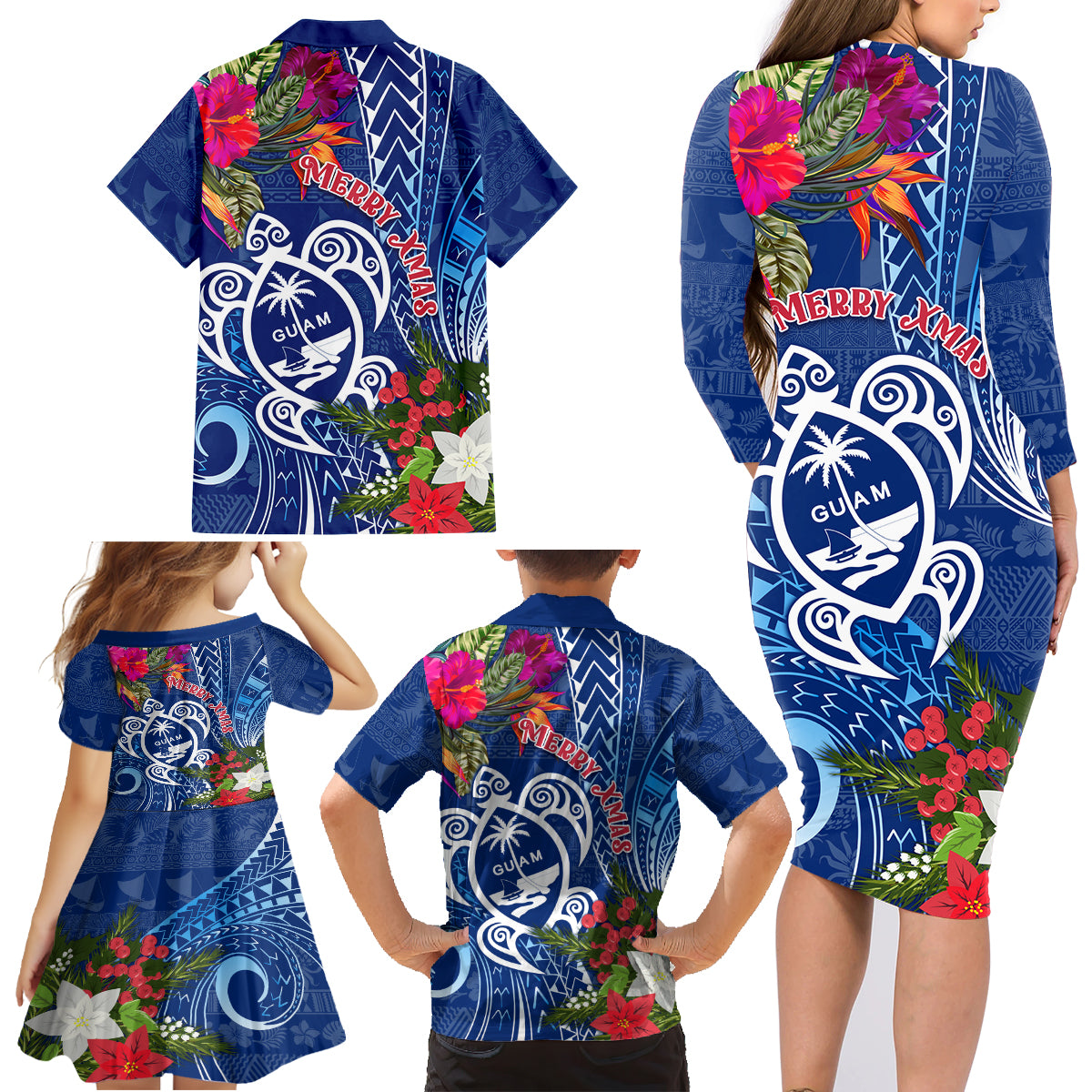 Guam Christmas Family Matching Long Sleeve Bodycon Dress and Hawaiian Shirt Turtle Mix Tapa Felis Pasgua LT7 - Wonder Print Shop