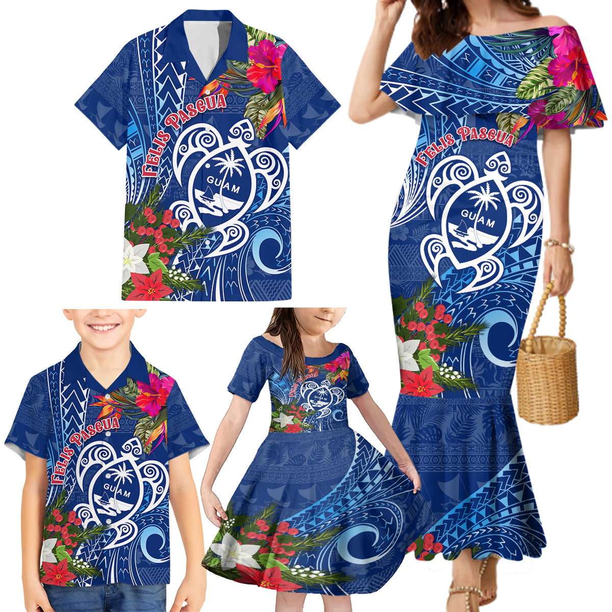 Guam Christmas Family Matching Mermaid Dress and Hawaiian Shirt Turtle Mix Tapa Felis Pasgua LT7 - Wonder Print Shop