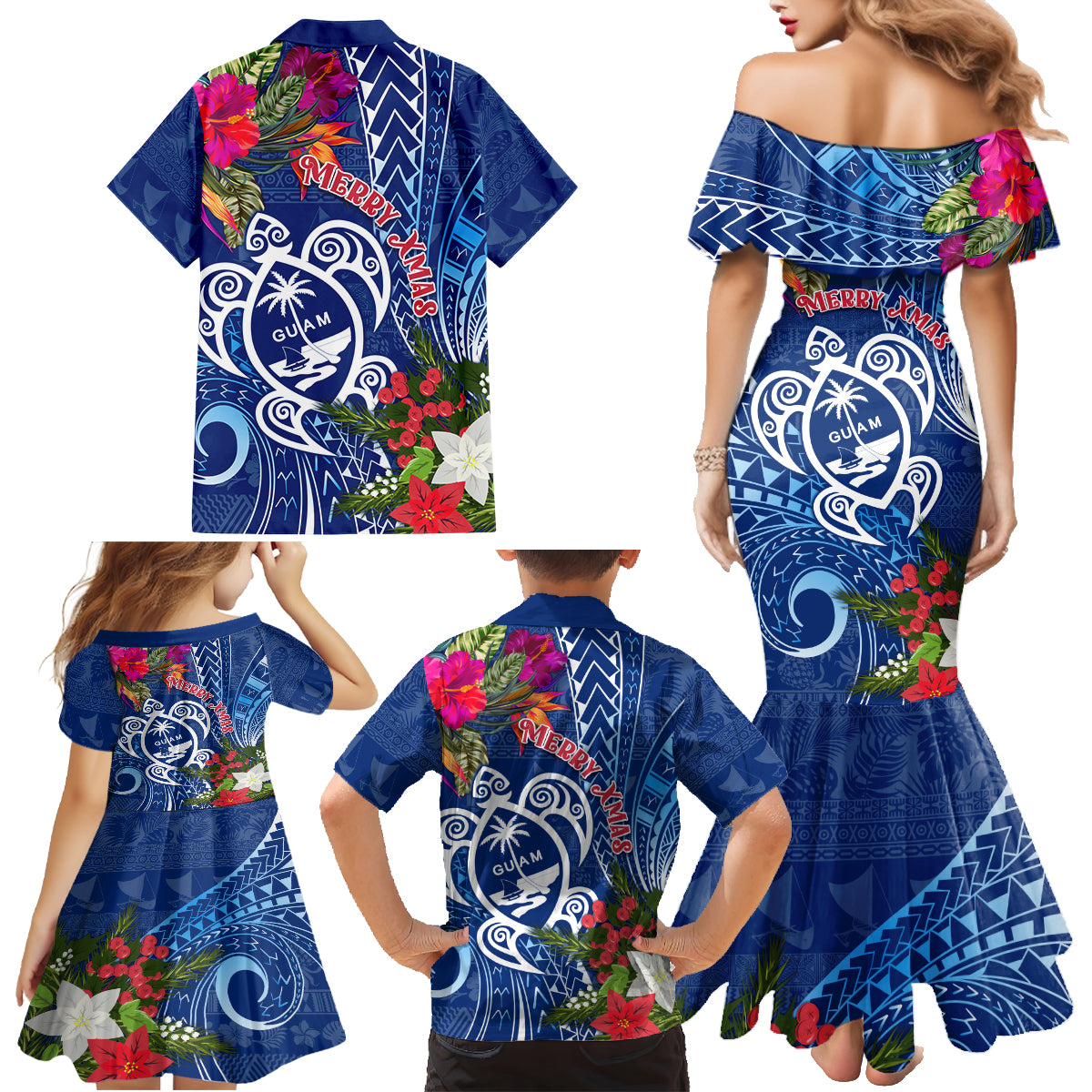 Guam Christmas Family Matching Mermaid Dress and Hawaiian Shirt Turtle Mix Tapa Felis Pasgua LT7 - Wonder Print Shop