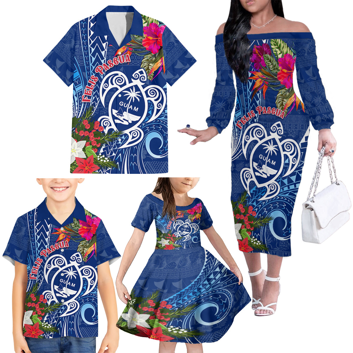 Guam Christmas Family Matching Off Shoulder Long Sleeve Dress and Hawaiian Shirt Turtle Mix Tapa Felis Pasgua - Wonder Print Shop