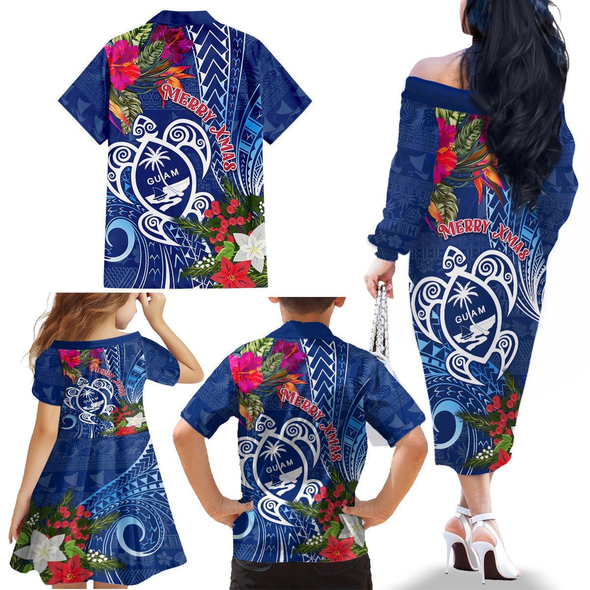 Guam Christmas Family Matching Off Shoulder Long Sleeve Dress and Hawaiian Shirt Turtle Mix Tapa Felis Pasgua - Wonder Print Shop