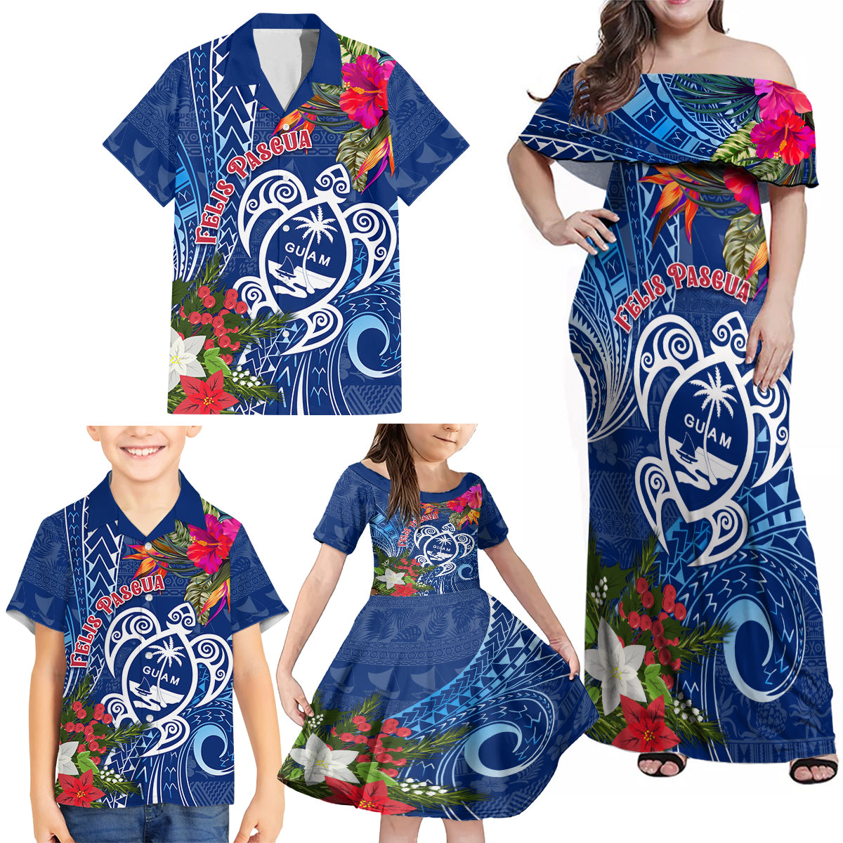 Guam Christmas Family Matching Off Shoulder Maxi Dress and Hawaiian Shirt Turtle Mix Tapa Felis Pasgua LT7 - Wonder Print Shop