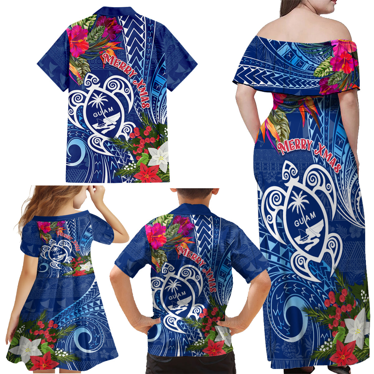 Guam Christmas Family Matching Off Shoulder Maxi Dress and Hawaiian Shirt Turtle Mix Tapa Felis Pasgua LT7 - Wonder Print Shop