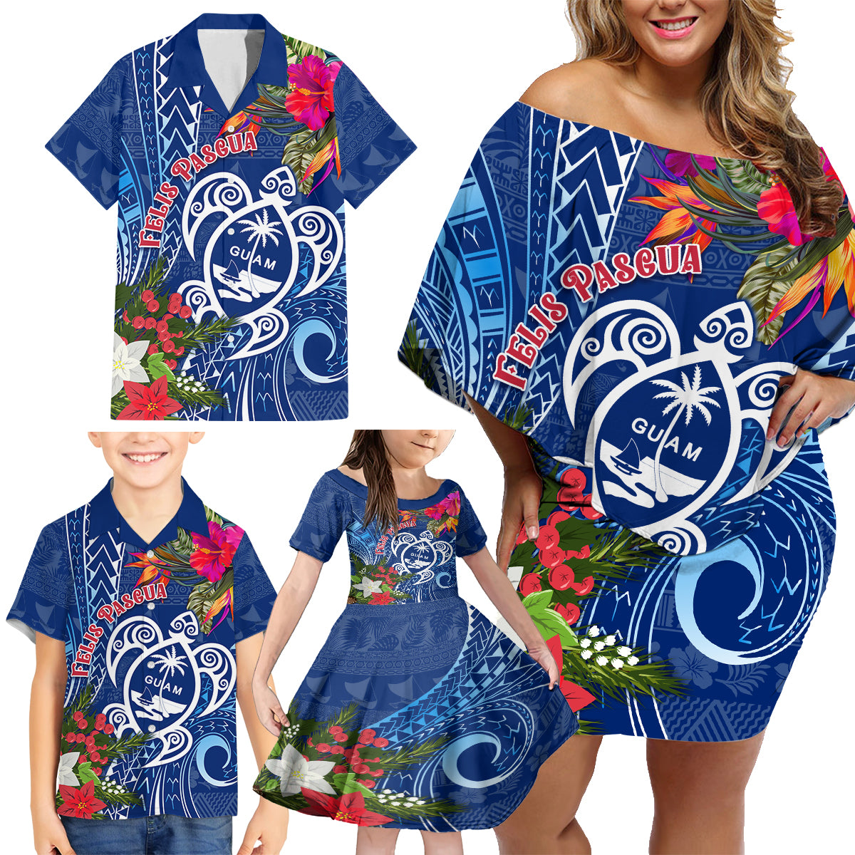 Guam Christmas Family Matching Off Shoulder Short Dress and Hawaiian Shirt Turtle Mix Tapa Felis Pasgua LT7 - Wonder Print Shop