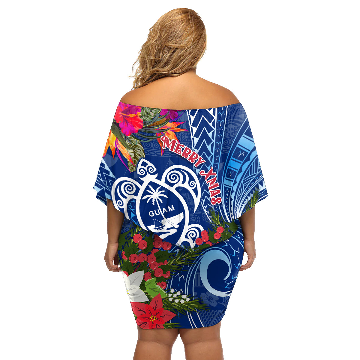 Guam Christmas Family Matching Off Shoulder Short Dress and Hawaiian Shirt Turtle Mix Tapa Felis Pasgua LT7 - Wonder Print Shop