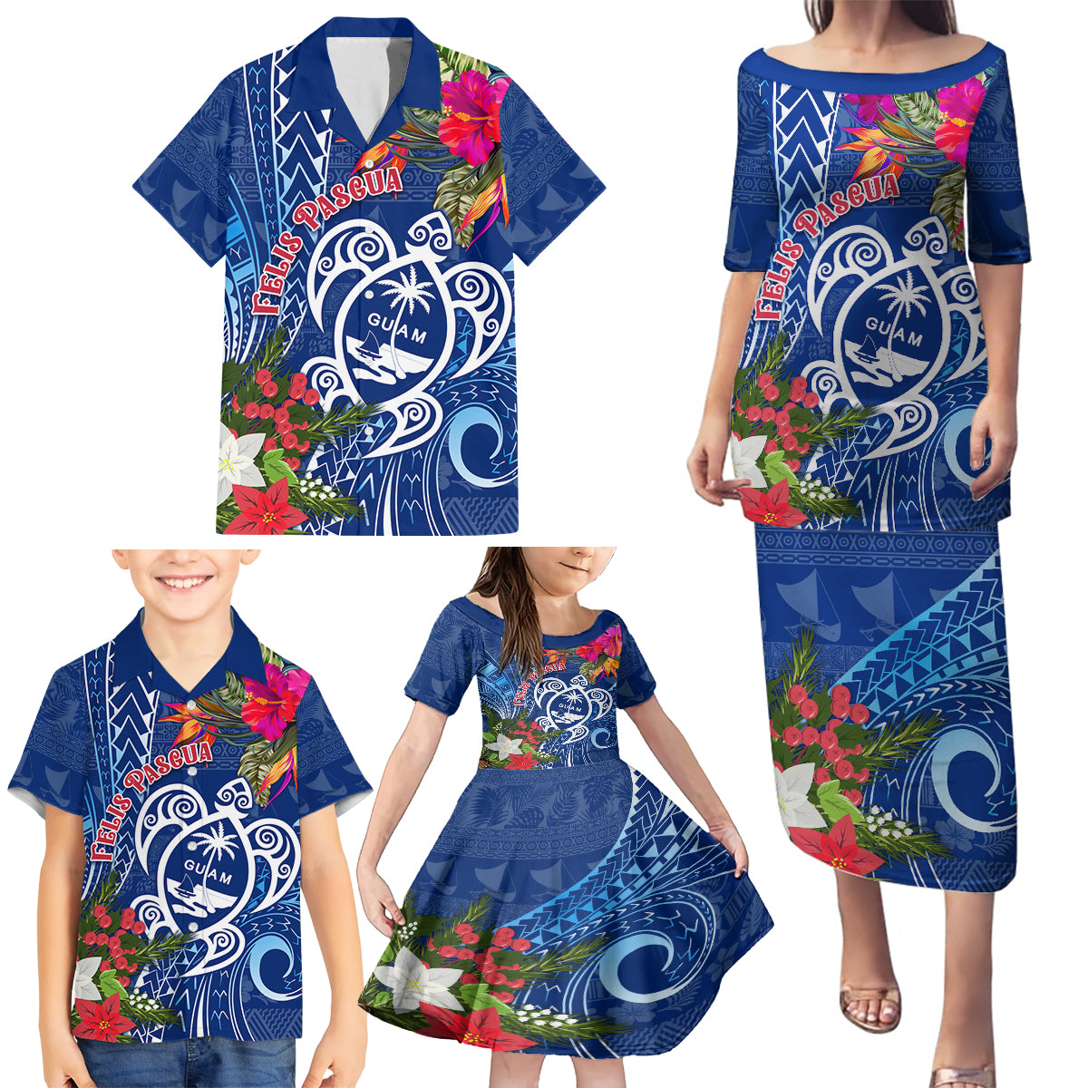 Guam Christmas Family Matching Puletasi Dress and Hawaiian Shirt Turtle Mix Tapa Felis Pasgua - Wonder Print Shop