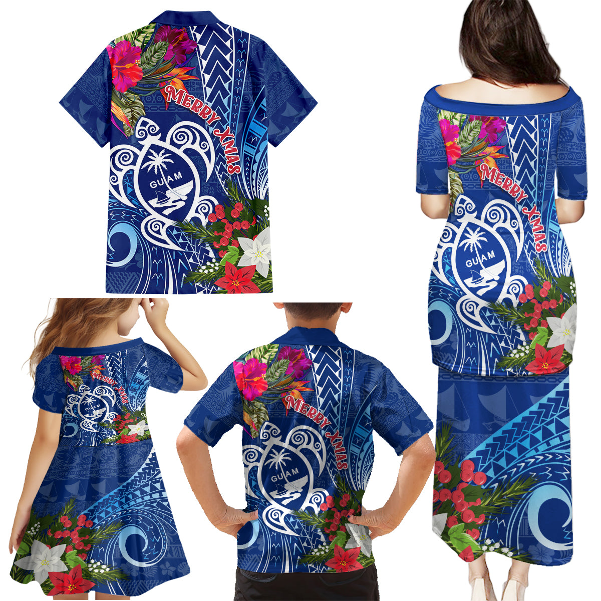 Guam Christmas Family Matching Puletasi Dress and Hawaiian Shirt Turtle Mix Tapa Felis Pasgua - Wonder Print Shop