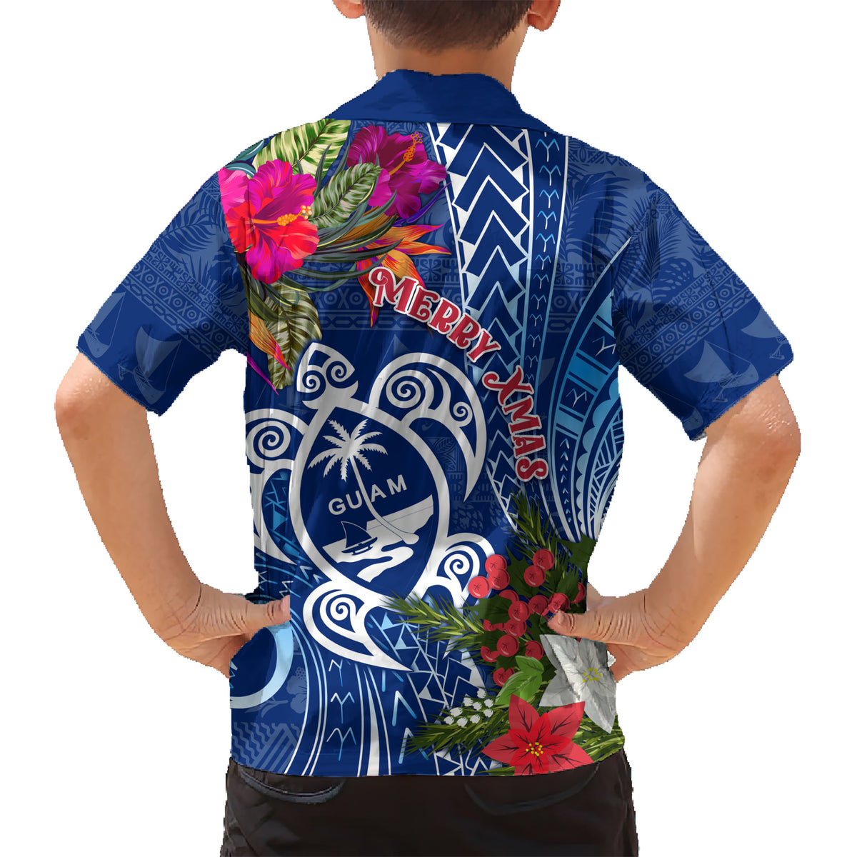 Guam Christmas Family Matching Short Sleeve Bodycon Dress and Hawaiian Shirt Turtle Mix Tapa Felis Pasgua - Wonder Print Shop
