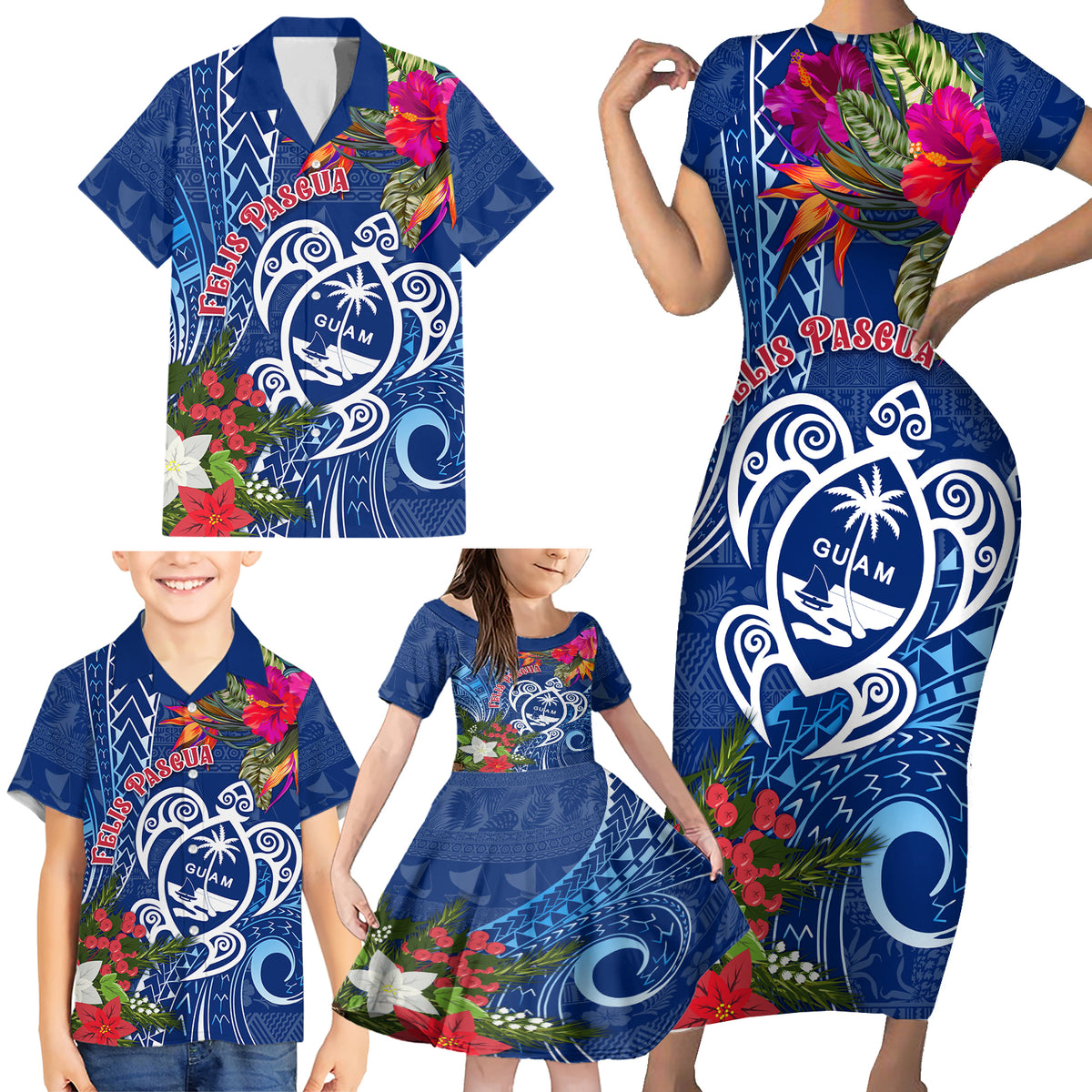 Guam Christmas Family Matching Short Sleeve Bodycon Dress and Hawaiian Shirt Turtle Mix Tapa Felis Pasgua - Wonder Print Shop