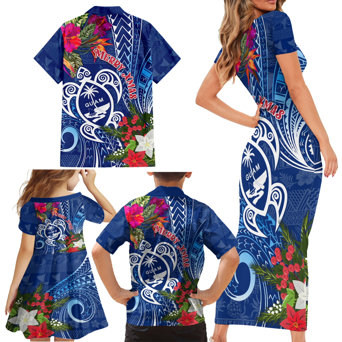 Guam Christmas Family Matching Short Sleeve Bodycon Dress and Hawaiian Shirt Turtle Mix Tapa Felis Pasgua - Wonder Print Shop