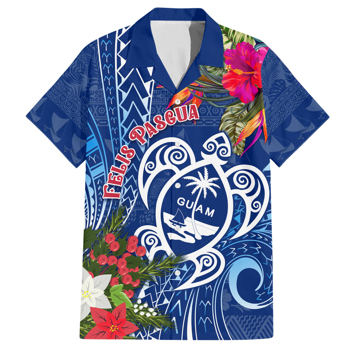 Guam Christmas Family Matching Short Sleeve Bodycon Dress and Hawaiian Shirt Turtle Mix Tapa Felis Pasgua - Wonder Print Shop