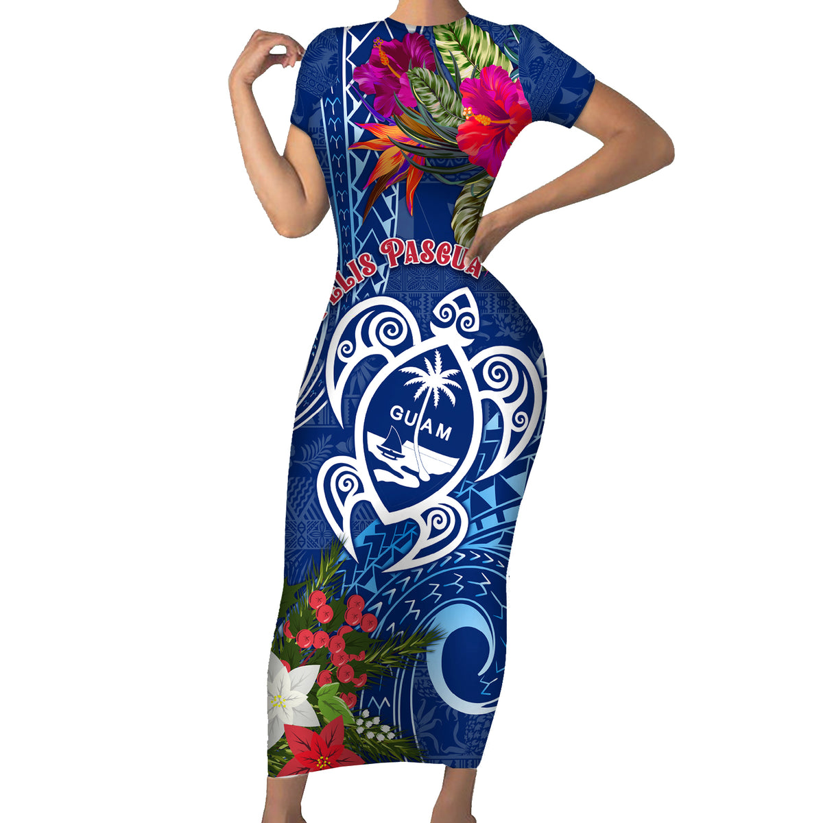 Guam Christmas Family Matching Short Sleeve Bodycon Dress and Hawaiian Shirt Turtle Mix Tapa Felis Pasgua - Wonder Print Shop