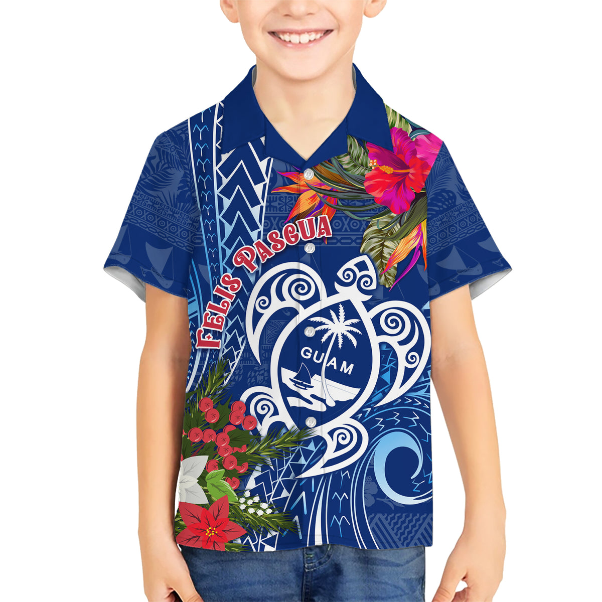 Guam Christmas Family Matching Short Sleeve Bodycon Dress and Hawaiian Shirt Turtle Mix Tapa Felis Pasgua - Wonder Print Shop