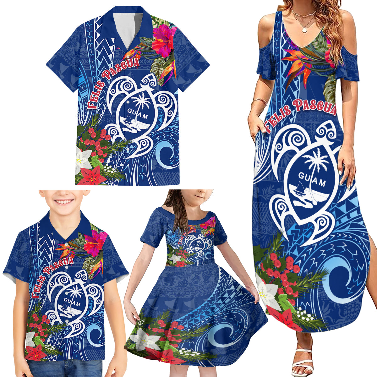 Guam Christmas Family Matching Summer Maxi Dress and Hawaiian Shirt Turtle Mix Tapa Felis Pasgua - Wonder Print Shop
