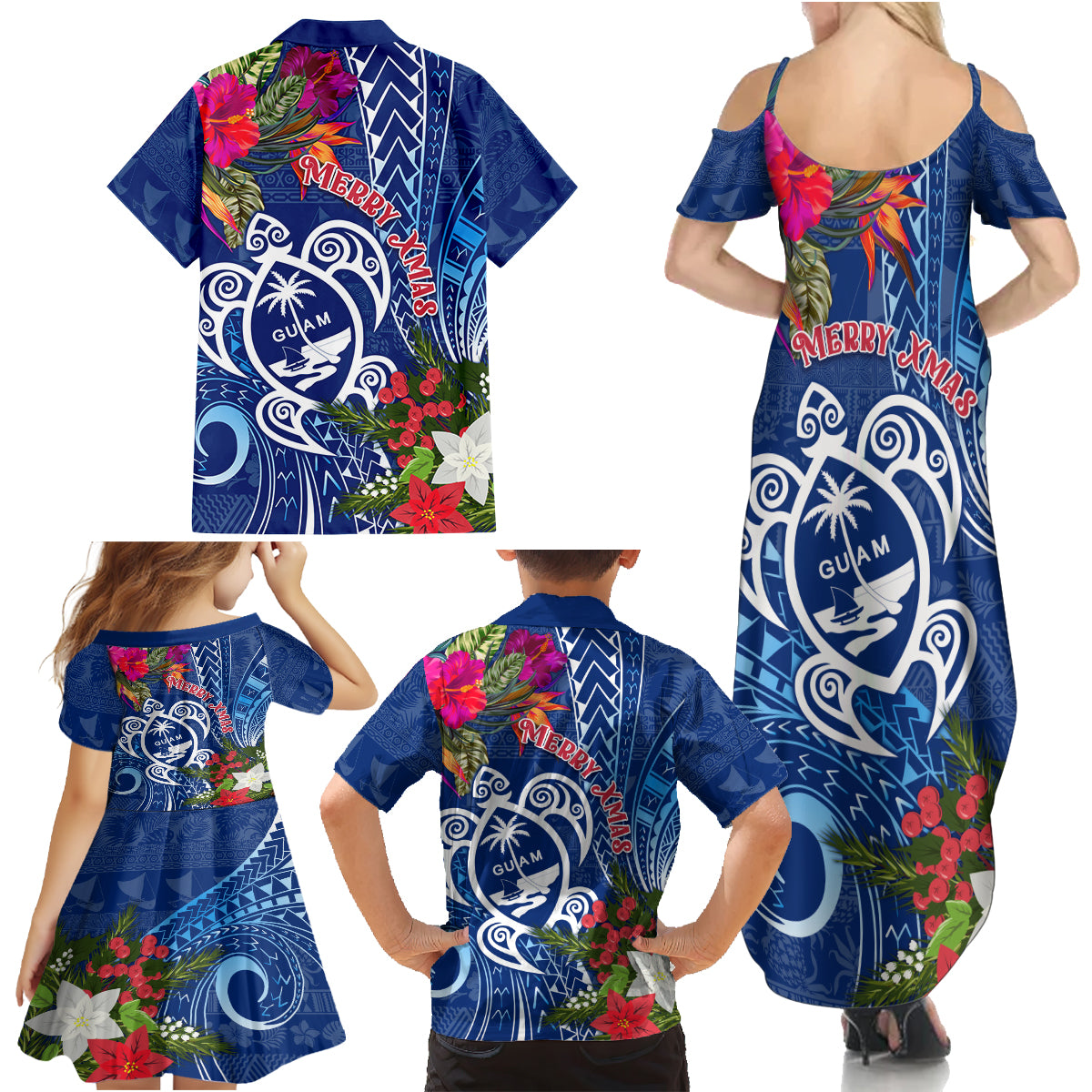 Guam Christmas Family Matching Summer Maxi Dress and Hawaiian Shirt Turtle Mix Tapa Felis Pasgua - Wonder Print Shop
