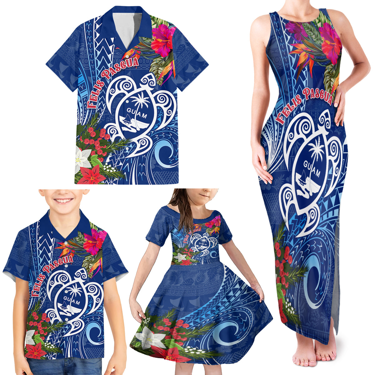 Guam Christmas Family Matching Tank Maxi Dress and Hawaiian Shirt Turtle Mix Tapa Felis Pasgua - Wonder Print Shop
